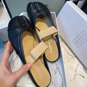 Maison Martin Margiela Black Leather Split-Toe Ballet Flats with Beige Strap